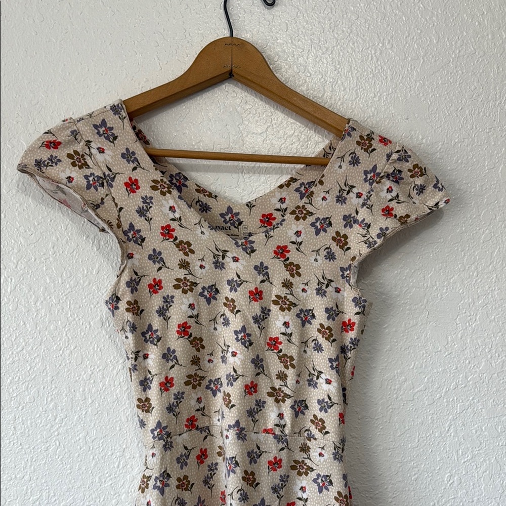 Pact Floral Fit and Flare Dress Organic Cotton Midi Cap Sleeve Summer Dress